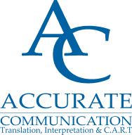 Logo of Accurate Communication featuring stylized blue letters "ac" above the words "accurate communication translation, interpretation & cart.".